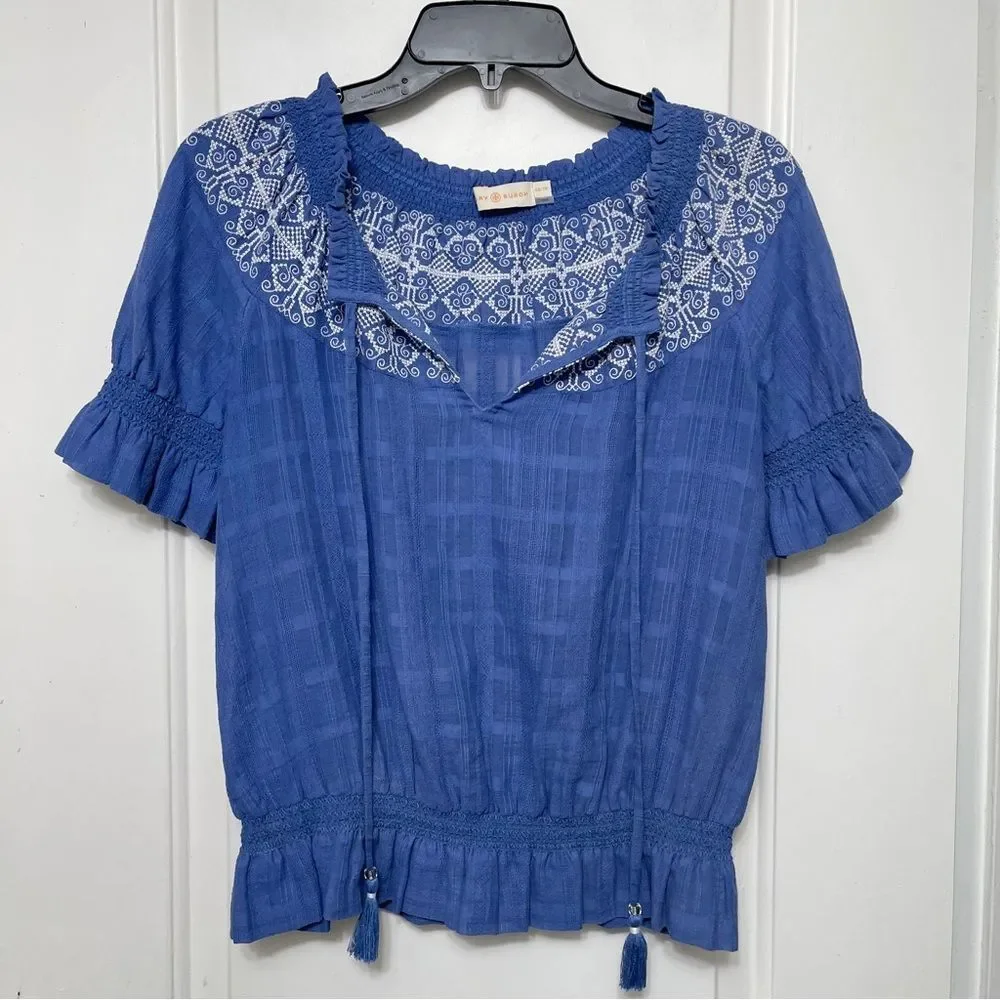 Tory Burch Nina Embroidered Peasant Short Sleeve Blouse in Blue Size XS